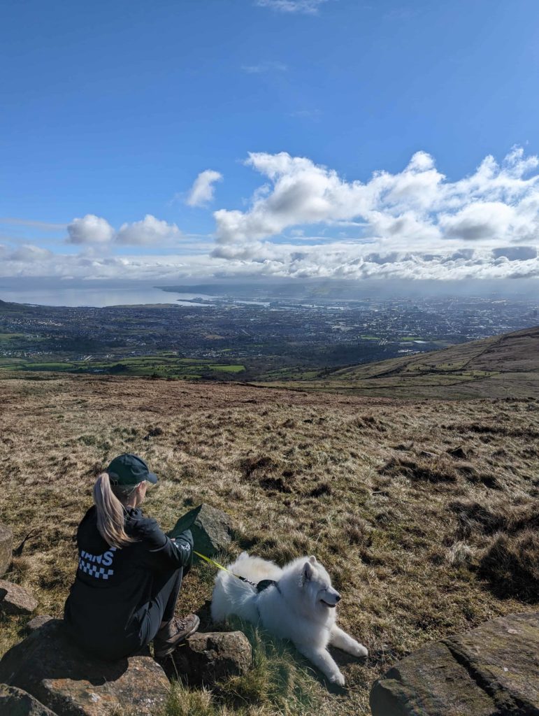 Jane & Luka (our white fluffy Samoyed dog) checking our the views over the city of Belfast from the top of the Summit Trail on Divis & The Black Mountain.