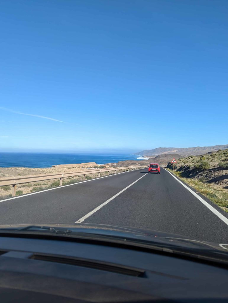 Driving along the road in Fuerteventura towards La Pared