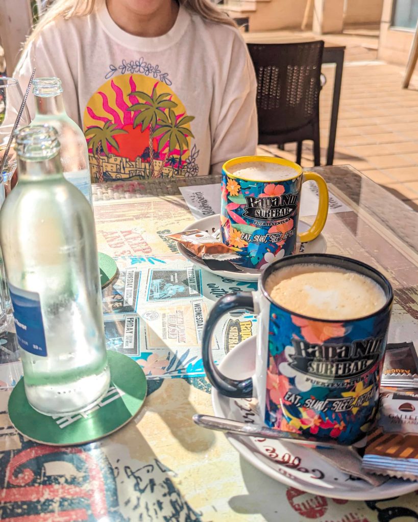 our coffees on the table at Rapa Nui, Costa Calma.