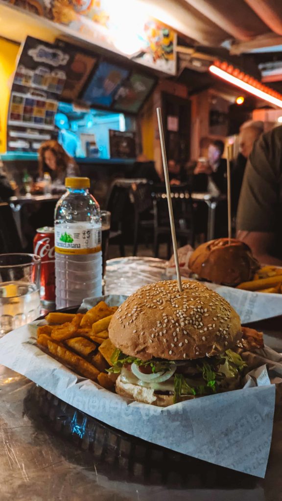 a picture of the cheeseburger and chips we got at Single Fin Fuerteventura. 