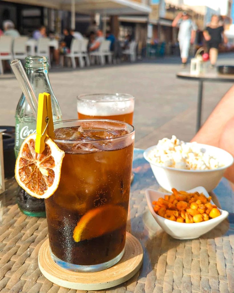 picture of an ice cold vodka and diet coke sitting on the table in Waterfall, Fuerteventura. 