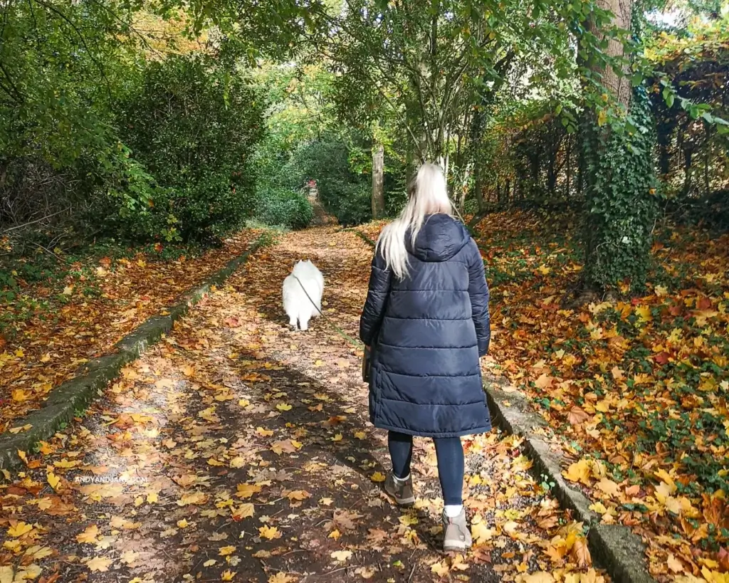 Jane walking Luka through one of the woodland trails