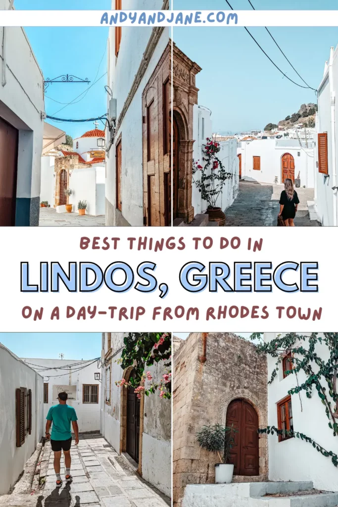 Pinterest graphic of 'Best Things To Do In Lindos, Greece' with 4 pictures of lindos town in the background - featuring whitewashed buildings, flowers & blue skies.