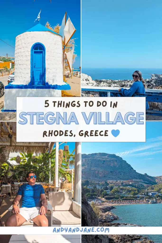 Pinterest graphic with a picture of Stegna in the background with the title : 5 things to do in stegna village - rhodes, greece.