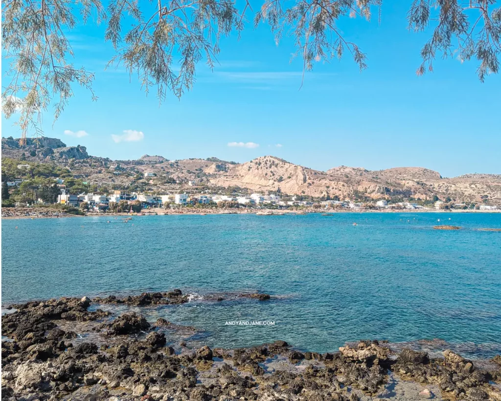 A scenic view across the ocean towards Stegna Village. 