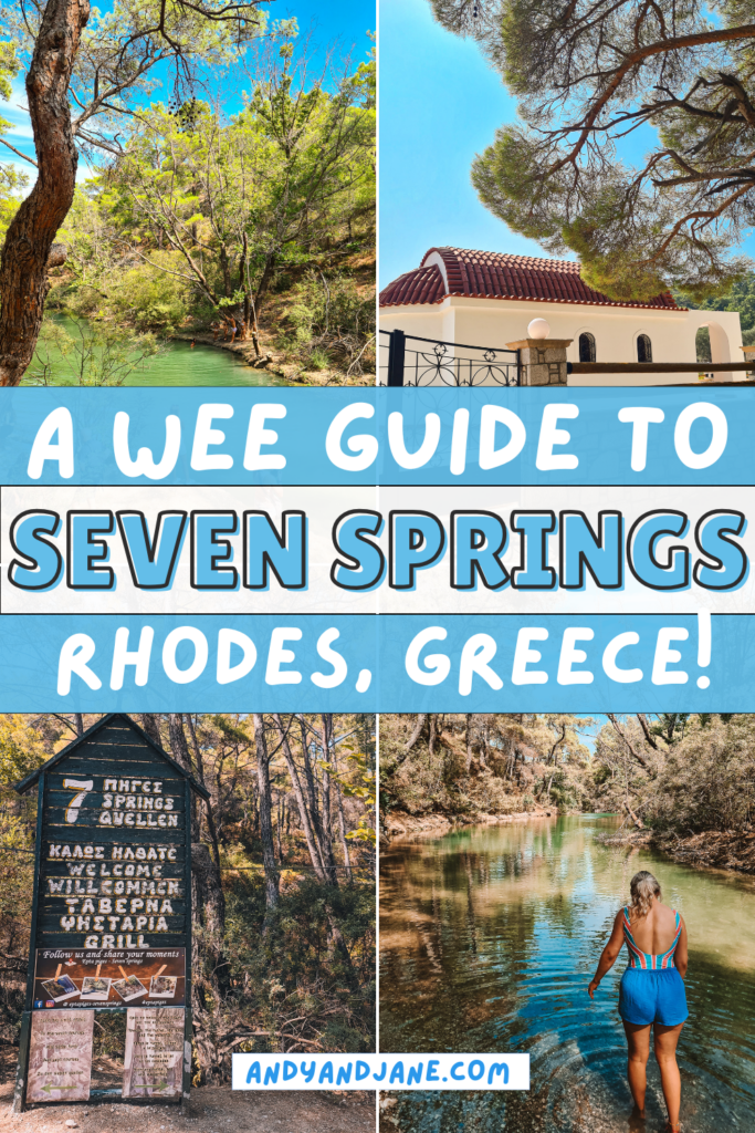 A pinterest graphic with 4 pictures of Seven Springs on it with the title 'A Wee Guide To Seven Springs, Rhodes Greece.