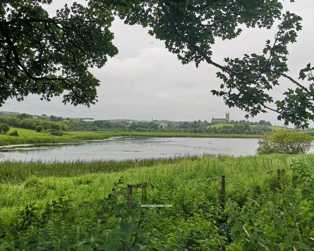 Overlooking the River Quoile & Downpatrick in Northern Ireland. A church sits on a hill in the background.