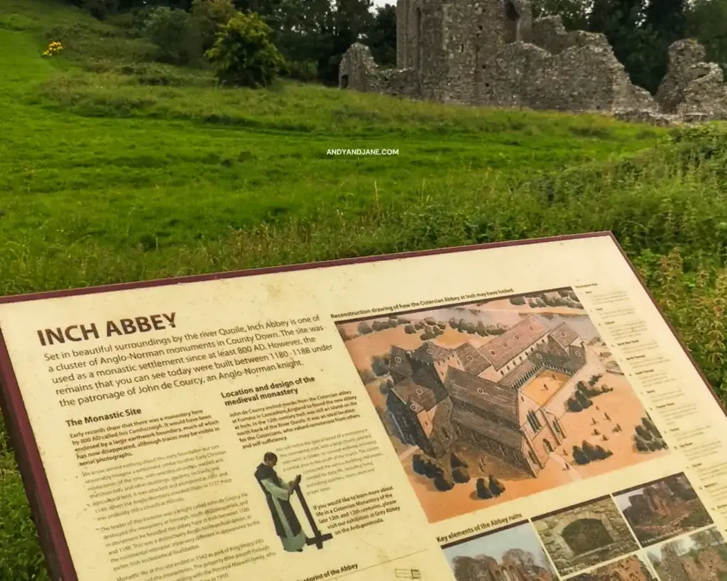 An informative sign at Inch Abbey with pictures showing the abbey in it's previous state and details of it's history.