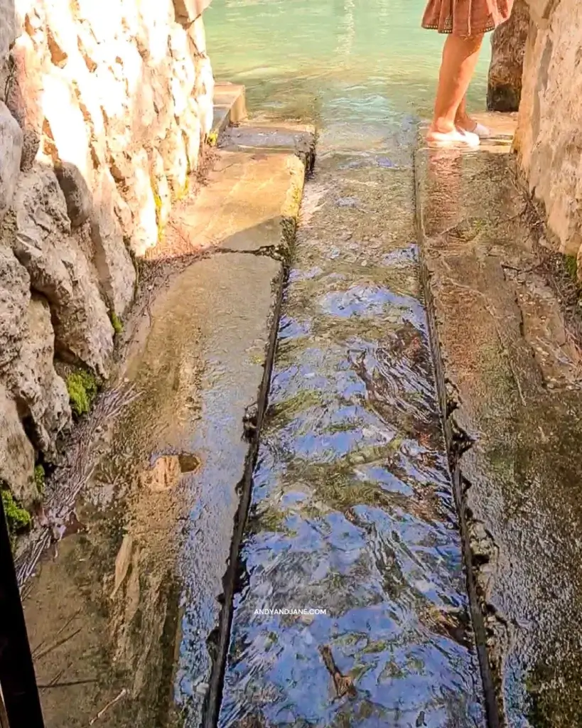 The narrow tunnel of water leading out onto Seven Springs Lake.