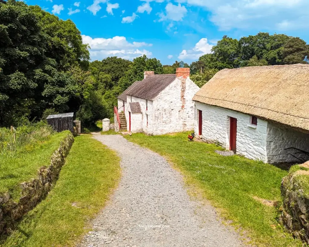 A farmhouse at the Ulster Folk Museum with red doors & hens roaming about the grass out front. A pathway leads down into the nearby field.