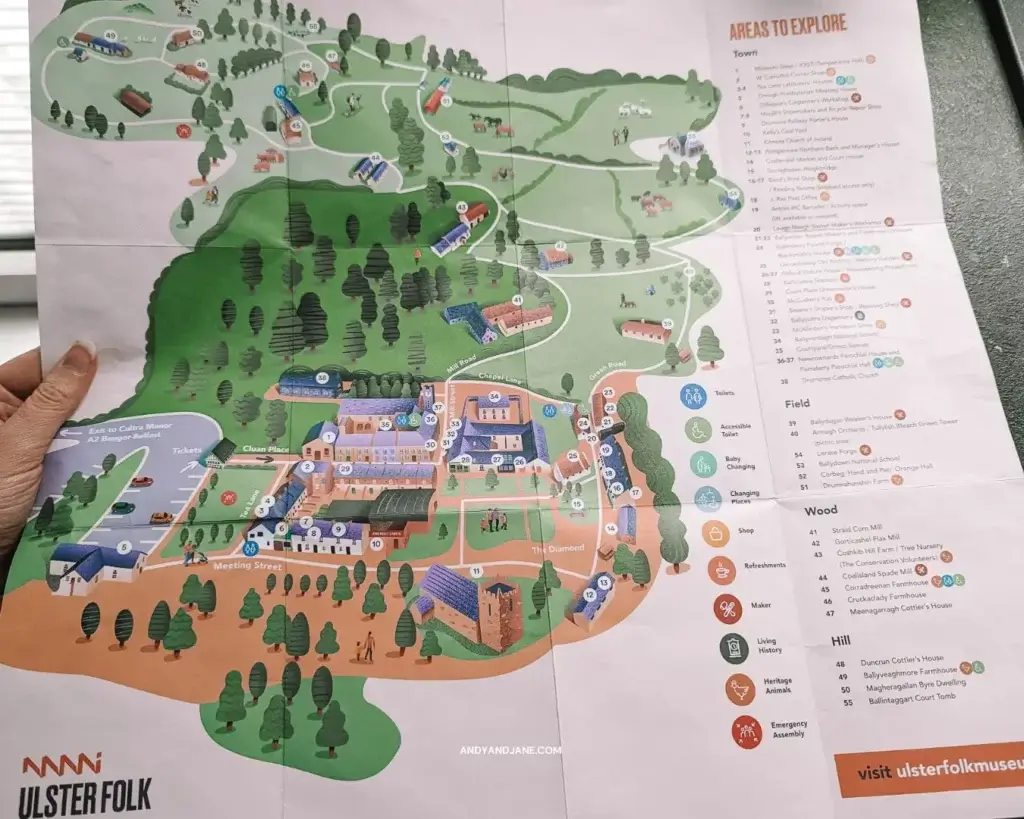 Ulster Folk Museum, Northern Ireland Map. Showing all the areas to explore in the museum. Including the main town, the fields, woods & hills.