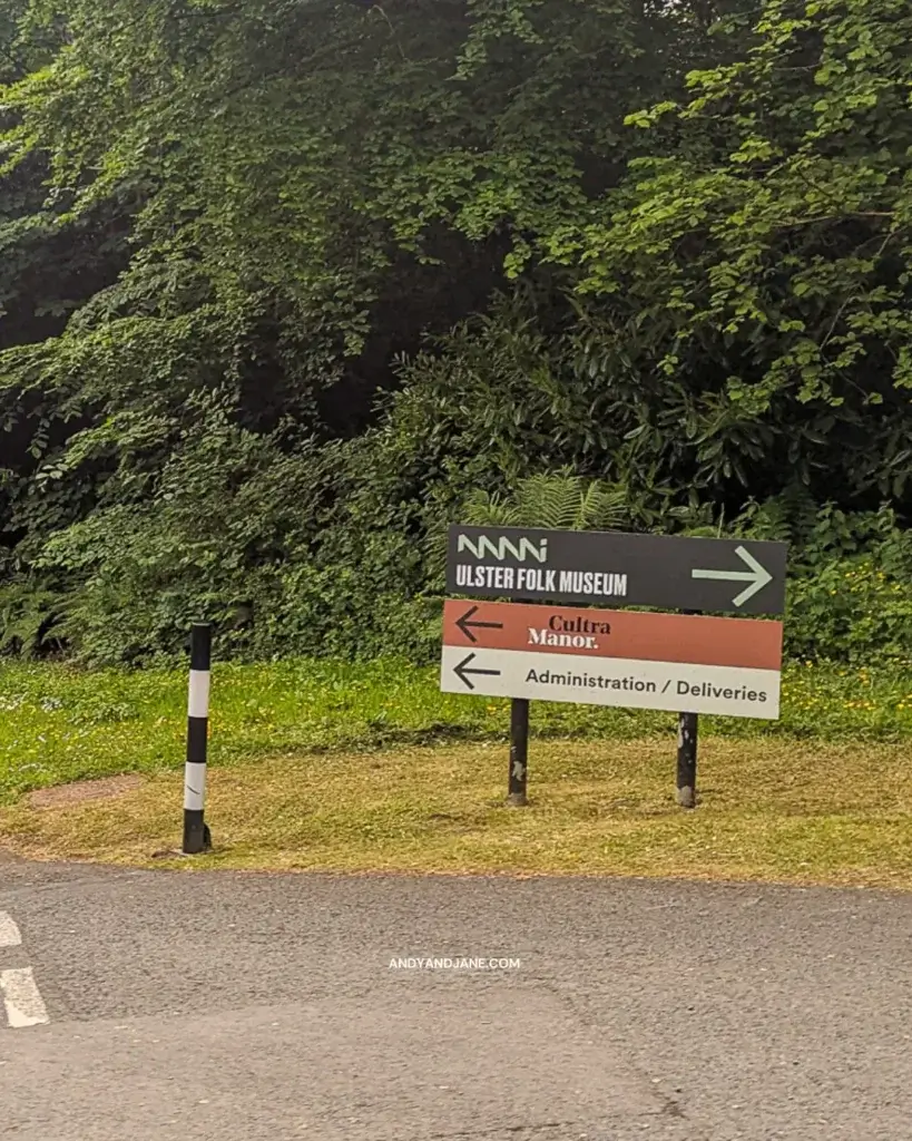 Signs to the entrance of the Ulster Folk Museum.