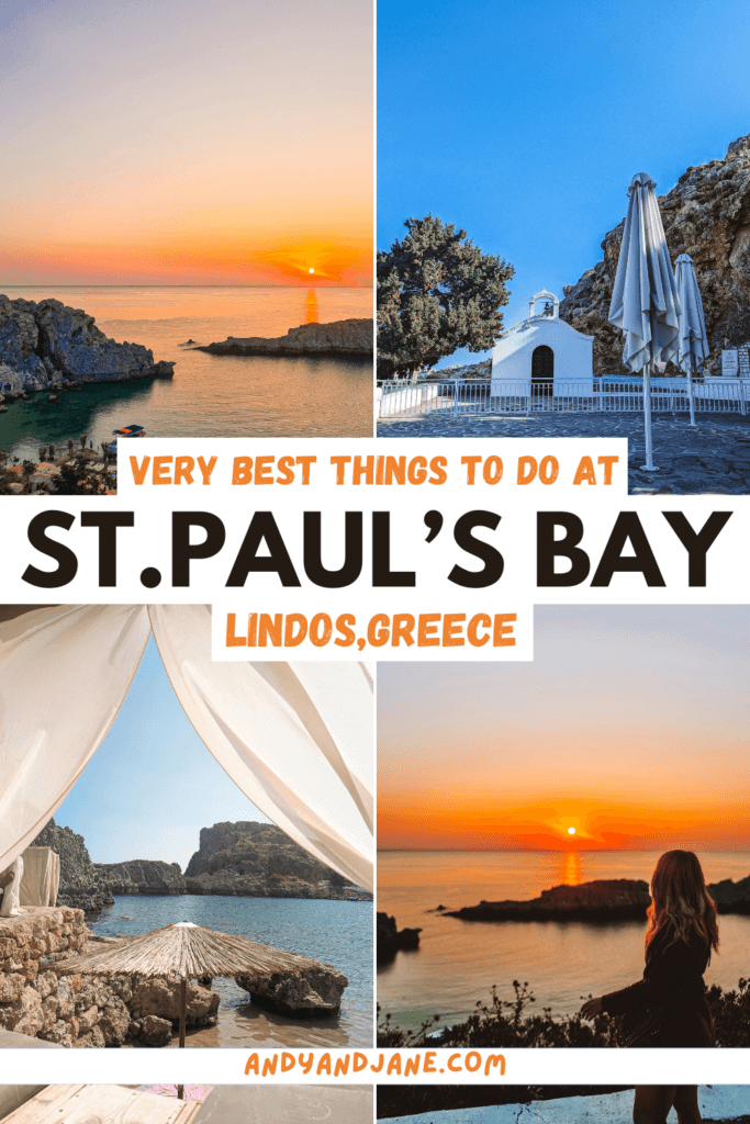 Pinterest Graphic with the title 'Very Best Things To Do At St. Paul's Bay, Lindos, Greece.'