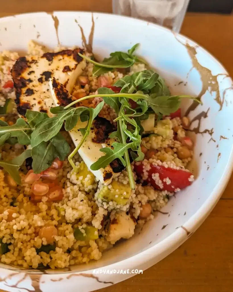 Cous Cous and halloumi salad from Ramal Beach Bar at Tsambika Beach. With peppers and rocket sprinkled throughout.