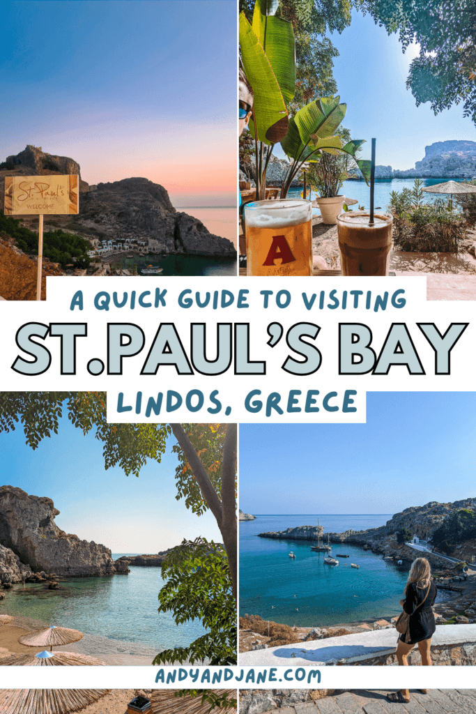 Pinterest Graphic with the title 'A Quick Guide To Visiting St.Paul's Bay in Lindos, Greece.'