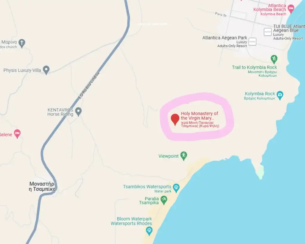 A map showing where The Holy Monastery of the Virgin Mary Tsambika is located in Rhodes.