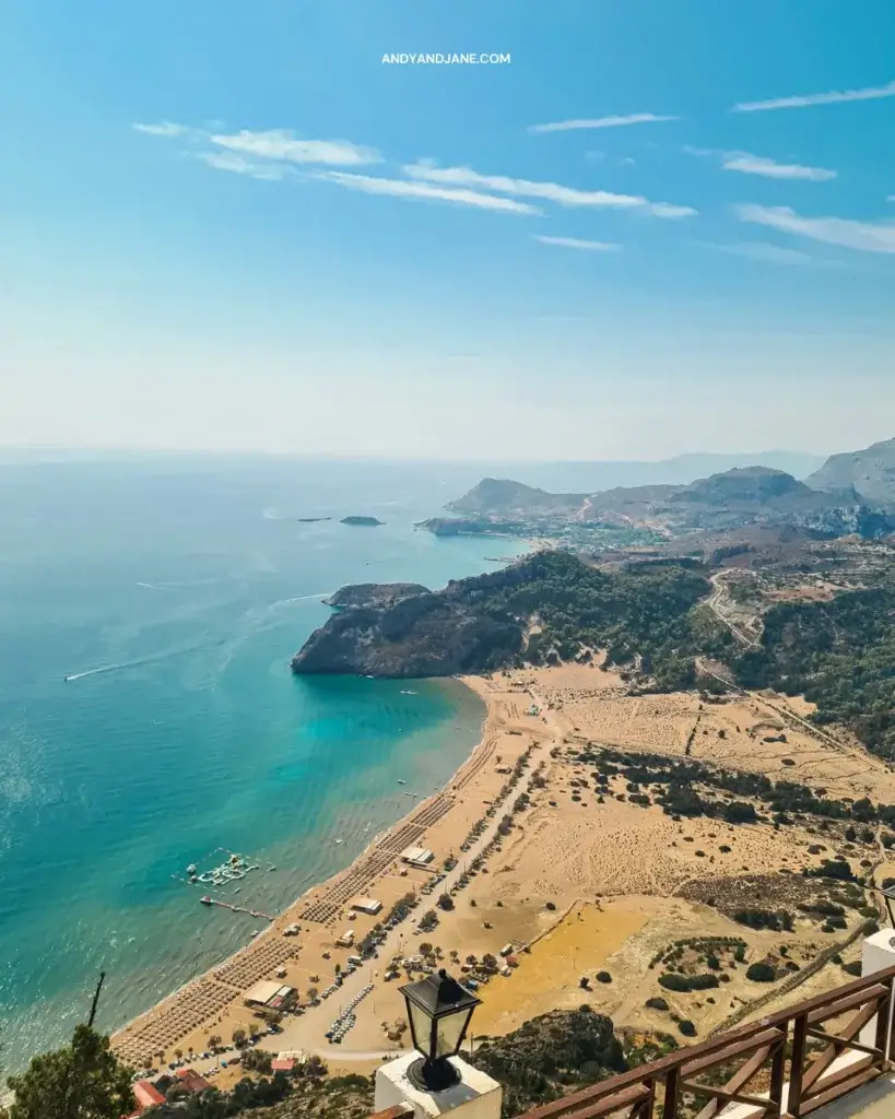 View of the golden sandy beach of Tsambika from the top of a hill. 