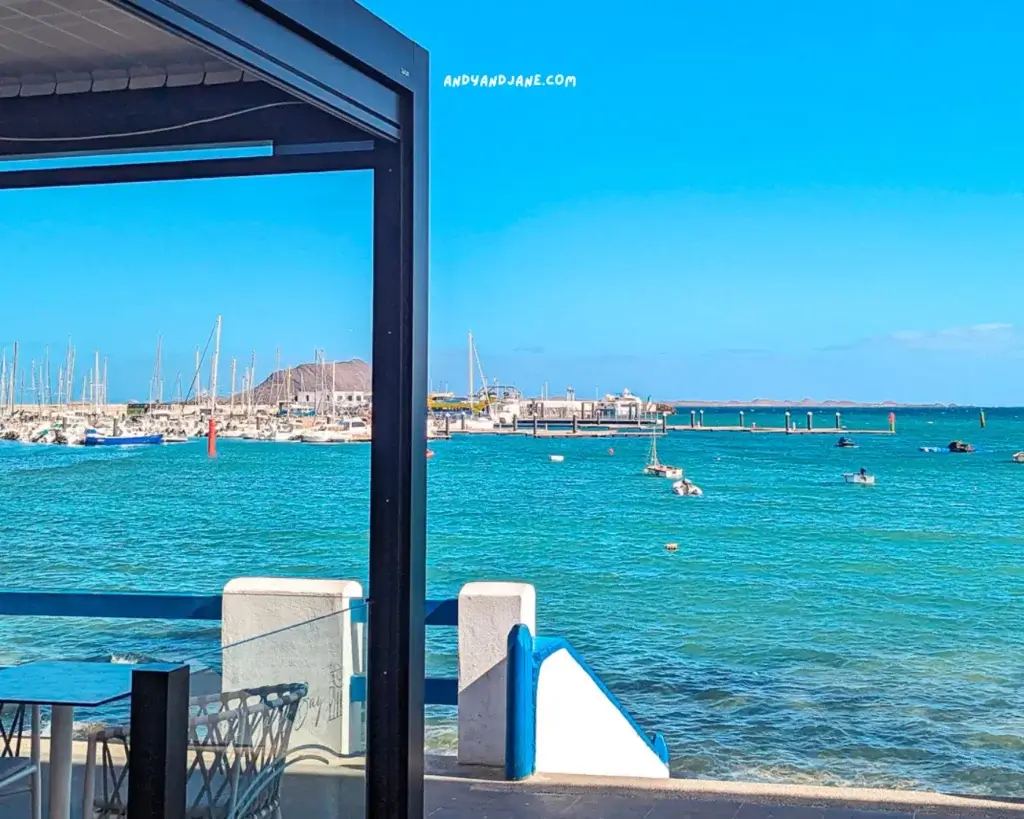 Views of Corralejo Harbour from an oceanfront restaurant in Corralejo.