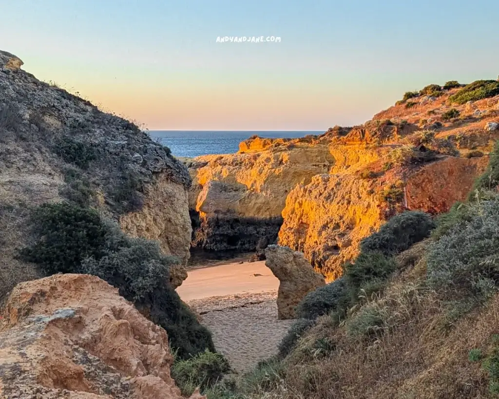 Looking through the cliffs to the beach of Praia Da Vigia on the Algarve Coast.