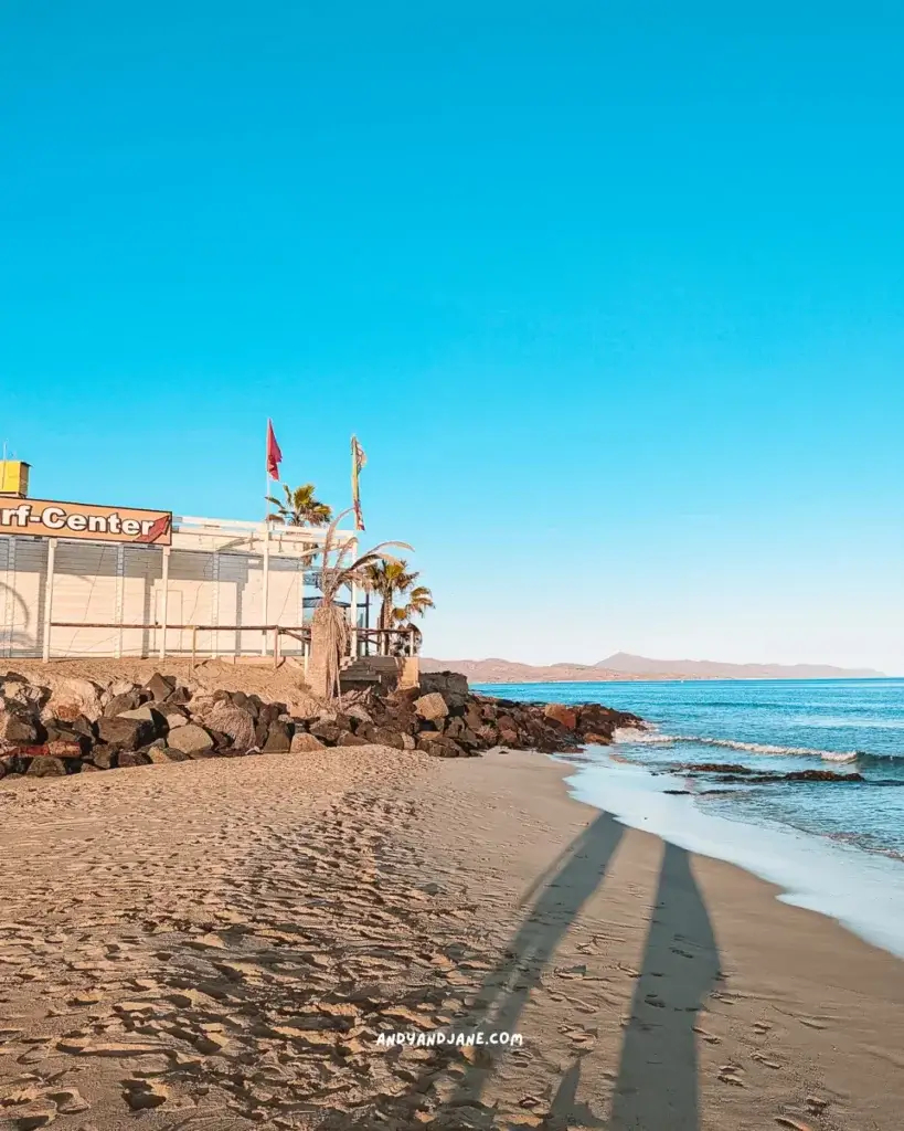 A surf center on Sotavento Beach with palm trees outside it and steps to the ocean.