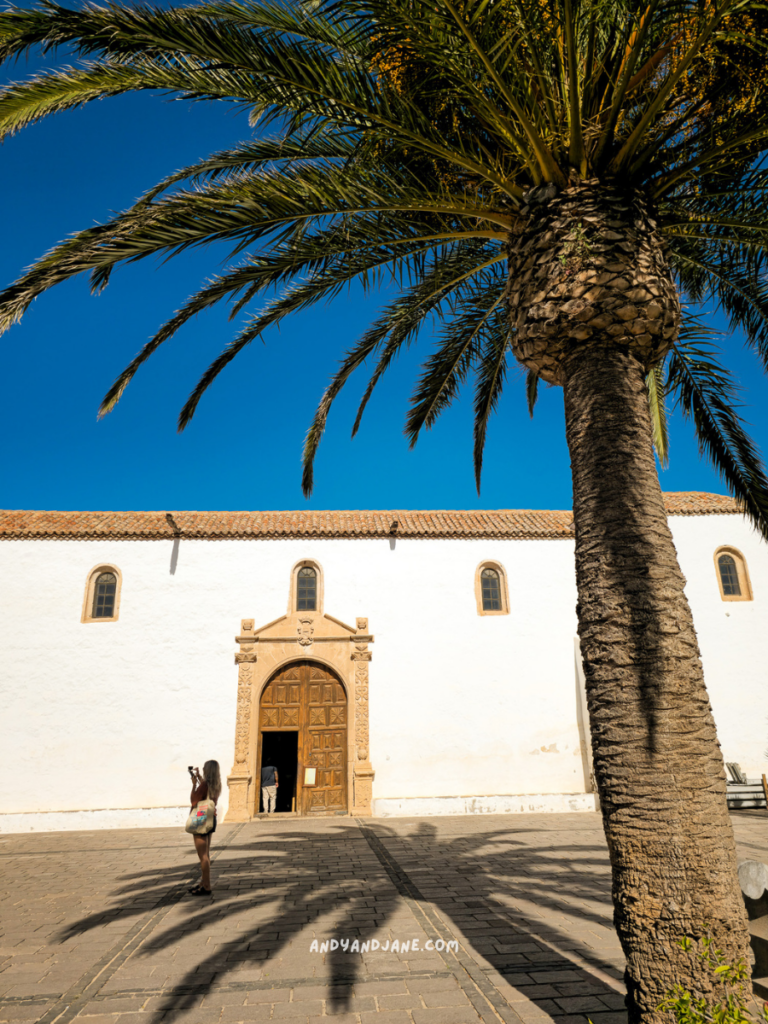 A palm tree frames the entrance of a historic building, with a person taking photos in front on a sunny day under a clear blue sky.