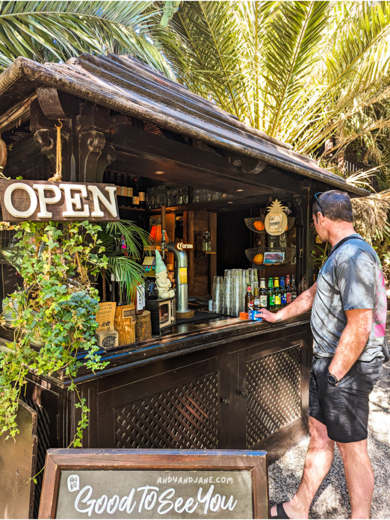 A tropical bar with an "OPEN" sign, surrounded by palm leaves, as a man looks over the colorful drinks displayed on the counter.