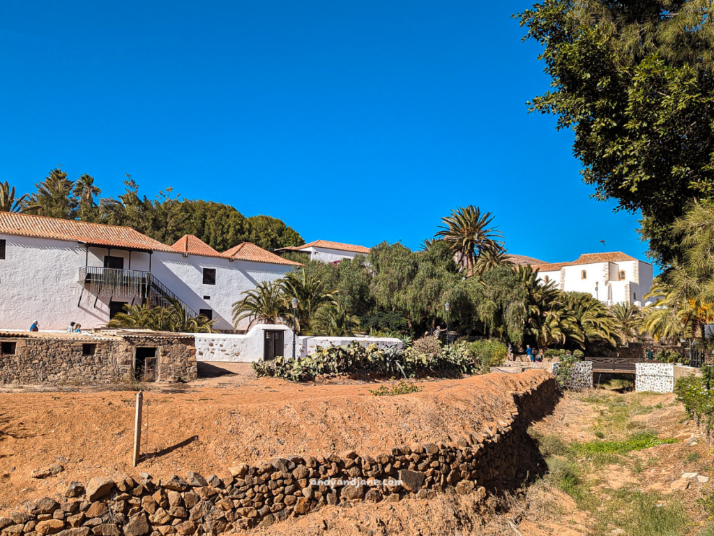 A sunlit landscape in Betancuria featuring white buildings, palm trees, and stone walls against a clear blue sky.