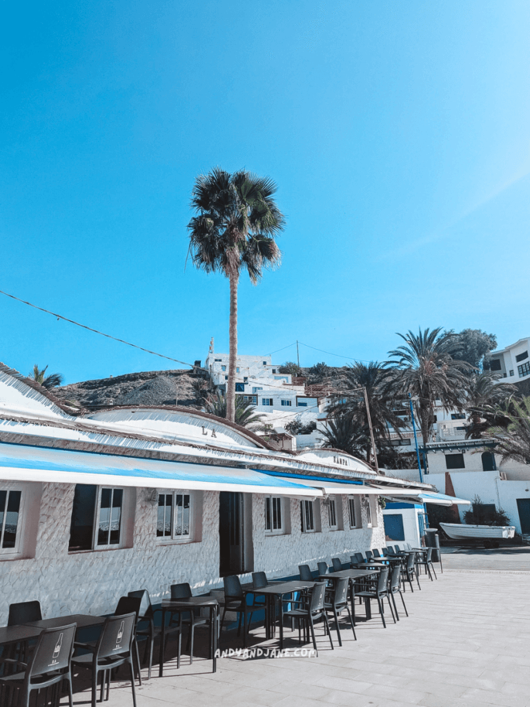 Sunlit outdoor cafe with empty chairs, palm trees, and whitewashed buildings against a clear blue sky in Las Playitas.