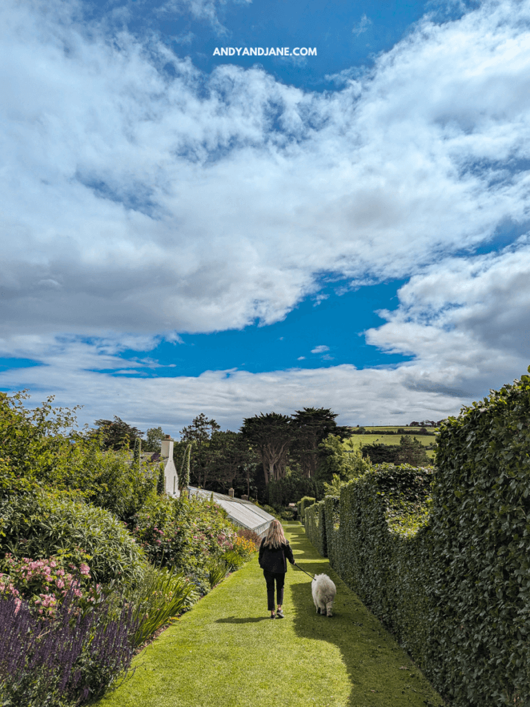 A woman walks along a lush, flower-lined path with a sheep beside her, under a bright blue sky and scattered clouds.