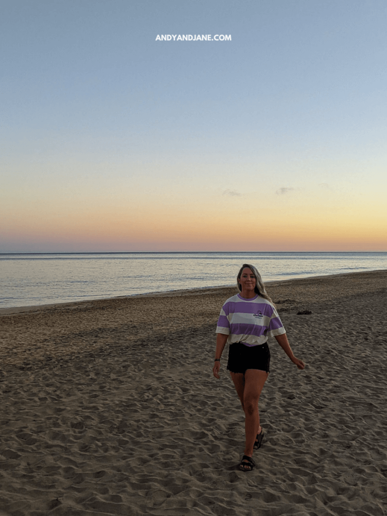 A person walks along a sandy beach at sunset, with calm ocean waves and soft pink and blue hues in the sky.